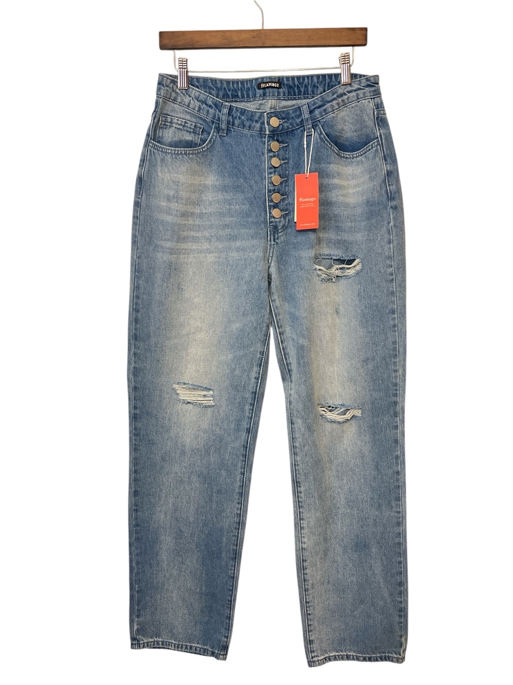 Flamingo Light Wash Distressed Button Fly Straight Leg Mom Jeans, Size L